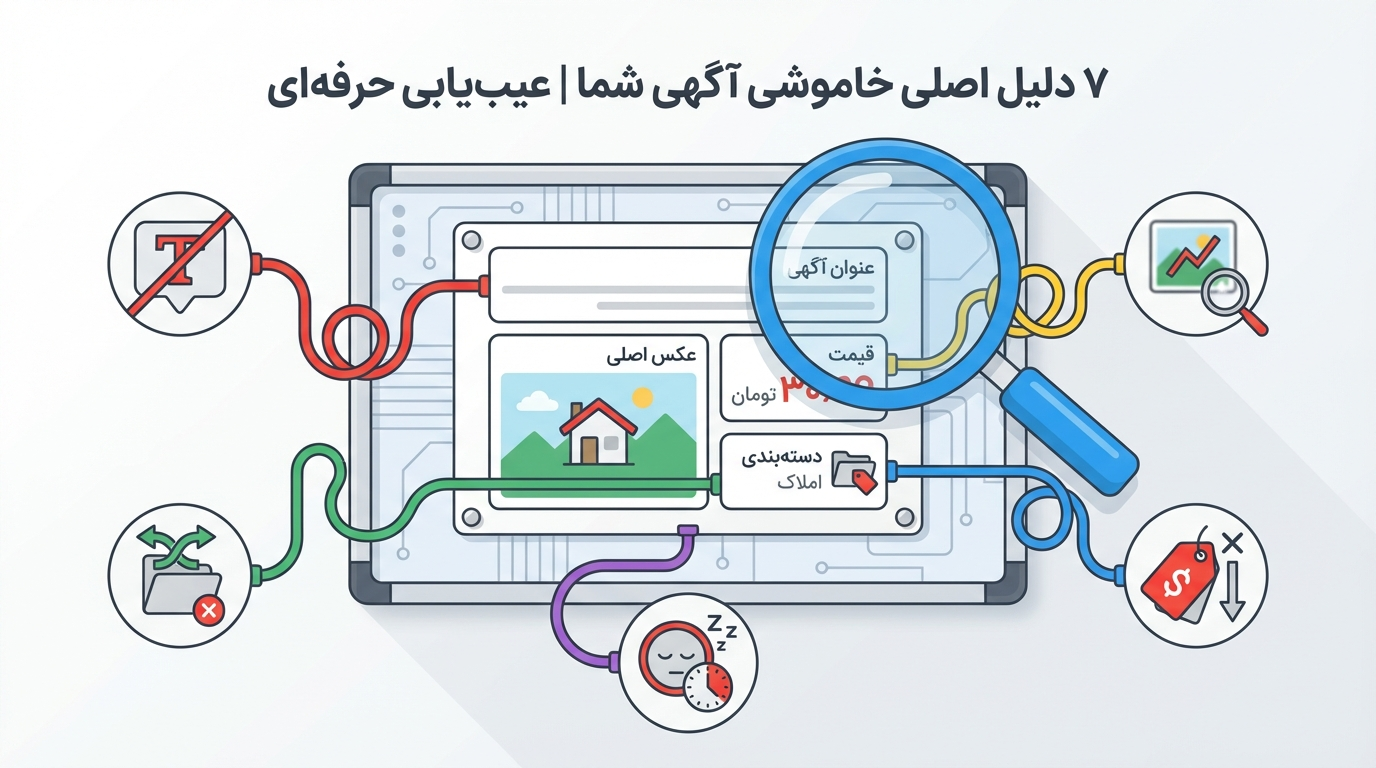 صحنه: یک مگنتوب (نمودار مغناطیسی) یا برد تشخیصی که روی آن تصویر یک آگهی دیوار چسبیده است. از بخشهای مختلف این آگهی (عنوان، عکس، قیمت، دستهبندی)، سیمهای رنگی به سمت یک سری آیکون عیب کشیده شدهاند. این آیکونها شامل: یک عنوان با خط قرمز، یک عکس تار، یک برچسب قیمت قرمز، یک فلش به سمت دستهبندی اشتباه و یک ساعت خوابیده (نماد زمانبندی بد) هستند. یک ذرهبین بزرگ در حال بررسی این اتصالات است. متن روی تصویر (فارسی): ۷ دلیل اصلی خاموشی آگهی شما | عیبیابی حرفهای سبک: طراحی گرافیکی فلت (Flat) با خطوط تمیز و آیکونهای خطی. حس یک نقشه تشخیصی یا نمودار فنی را منتقل کند. رنگبندی: پسزمینه سفید. آیکونهای عیب به رنگ قرمز (#F44336) و خاکستری. سیمها به رنگهای مختلف. ذرهبین به رنگ آبی (#2196F3).