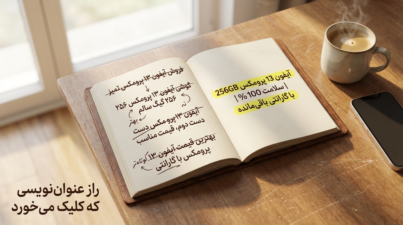 یک عکس مفهومی 4K با نسبت 16:9 از یک دفترچه یادداشت چرمی باز شده روی میز چوبی. روی صفحه سمت چپ دفترچه، عنوان‌های مختلفی به فارسی نوشته شده باشد که روی آنها خط کشیده شده و اصلاح شده است. روی صفحه سمت راست، عنوان نهایی با ماژیک هایلایت شده باشد: “آیفون 13 پرومکس 256GB | سلامت 100% | با گارانتی باقی‌مانده”. کنار دفترچه یک قهوه و یک گوشی موبایل قرار داشته باشد. نور طبیعی از پنجره. متن روی عکس: “راز عنوان‌نویسی که کلیک می‌خورد”.