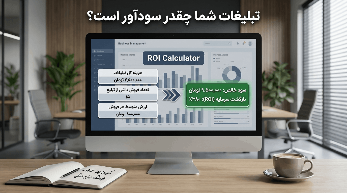 یک تصویر از یک داشبورد مدیریتی واقعی روی یک تبلت یا مانیتور مدرن. روی داشبورد، اعداد و نمودارهای واضح دیده می‌شود. تمرکز روی یک «ماشین‌حساب ROI» باشد که اعداد یک مثال واقعی در آن وارد شده است: در سطر «هزینه کل تبلیغات» عدد «۲,۵۰۰,۰۰۰ تومان» نوشته شده. در سطر «تعداد فروش ناشی از تبلیغ» عدد «۱۵» نوشته شده. در سطر «ارزش متوسط هر فروش» عدد «۸۰۰,۰۰۰ تومان» نوشته شده. یک فلش بزرگ به سمت نتیجه می‌رود که در یک کادر سبز رنگ نوشته شده: «سود خالص: ۹,۵۰۰,۰۰۰ تومان | بازگشت سرمایه (ROI): ۳۸۰٪». در کنار مانیتور، یک فنجان قهوه و یک دفتر یادداشت باز که روی آن نوشته: «کمپین بهار ۱۴۰۳ - فروشگاه لوازم خانگی» قرار دارد. متن فارسی بالای تصویر: «تبلیغات شما چقدر سودآور است؟».